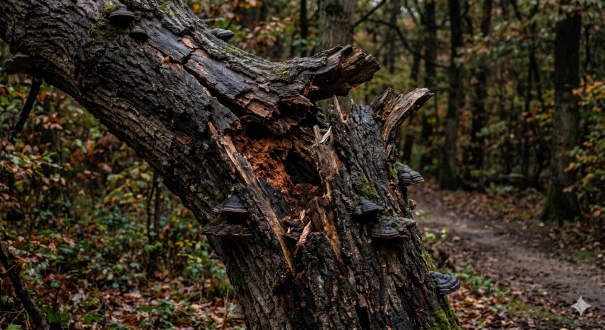 A leaning tree with cracked branches before a storm.